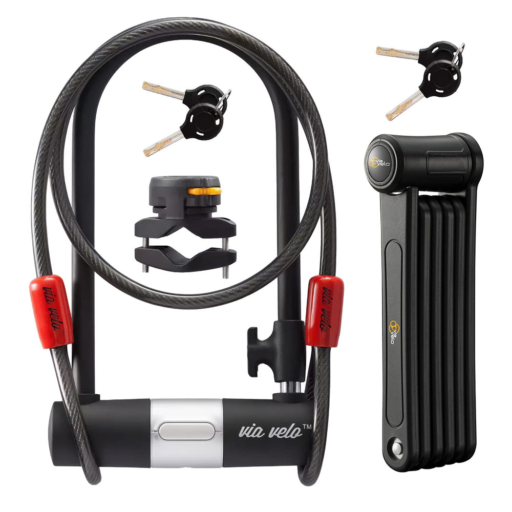 Via Velo folding lock front view showing durable HRC55 steel and strong security