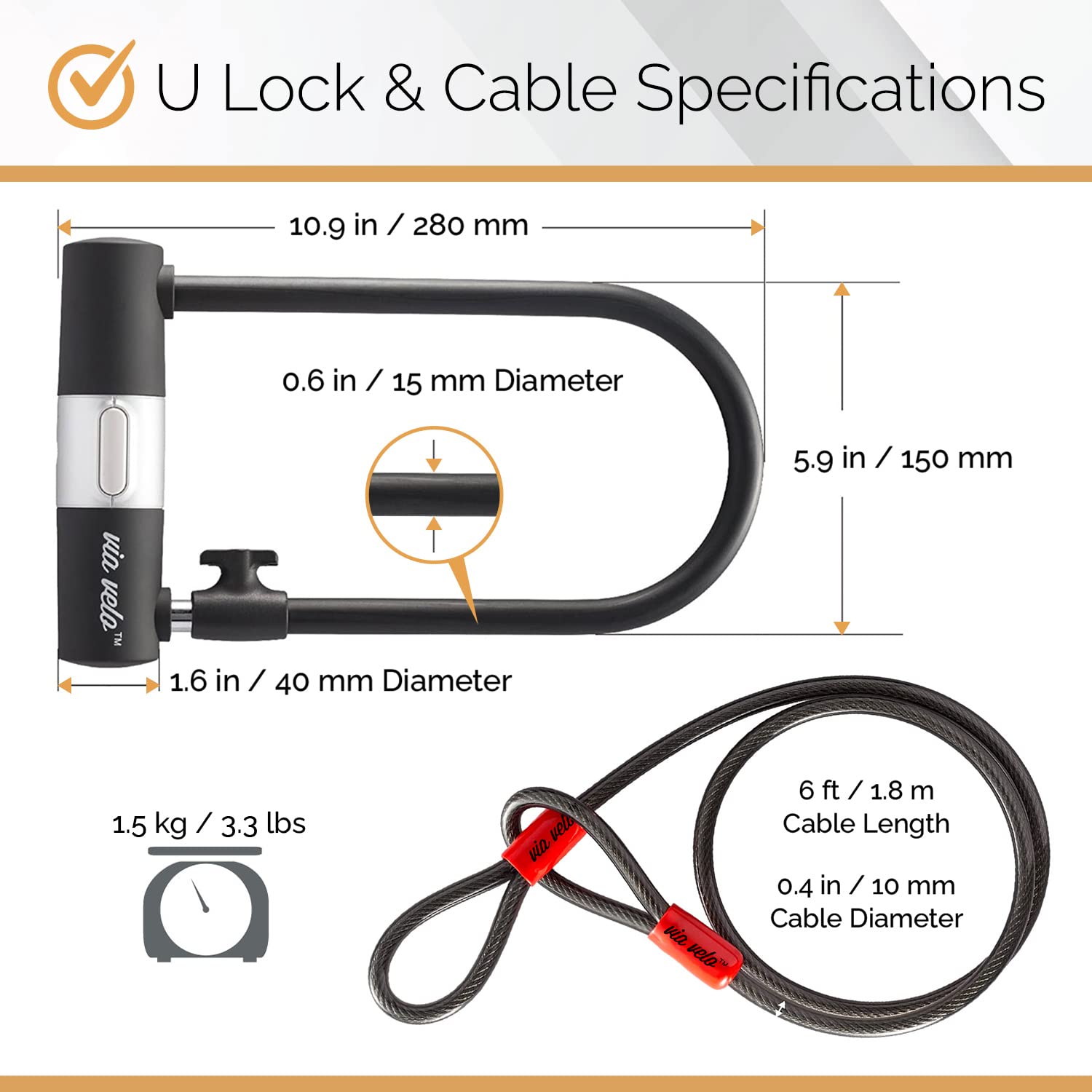 Via Velo U-lock closeup shackle showing heavy-duty thickness resisting cutters