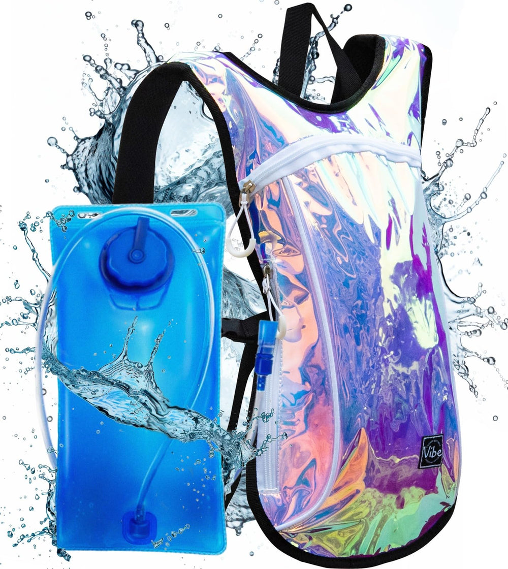 Vibe Festival Gear front pack gold pink holographic showing stylish, visible design and hands-free hydration