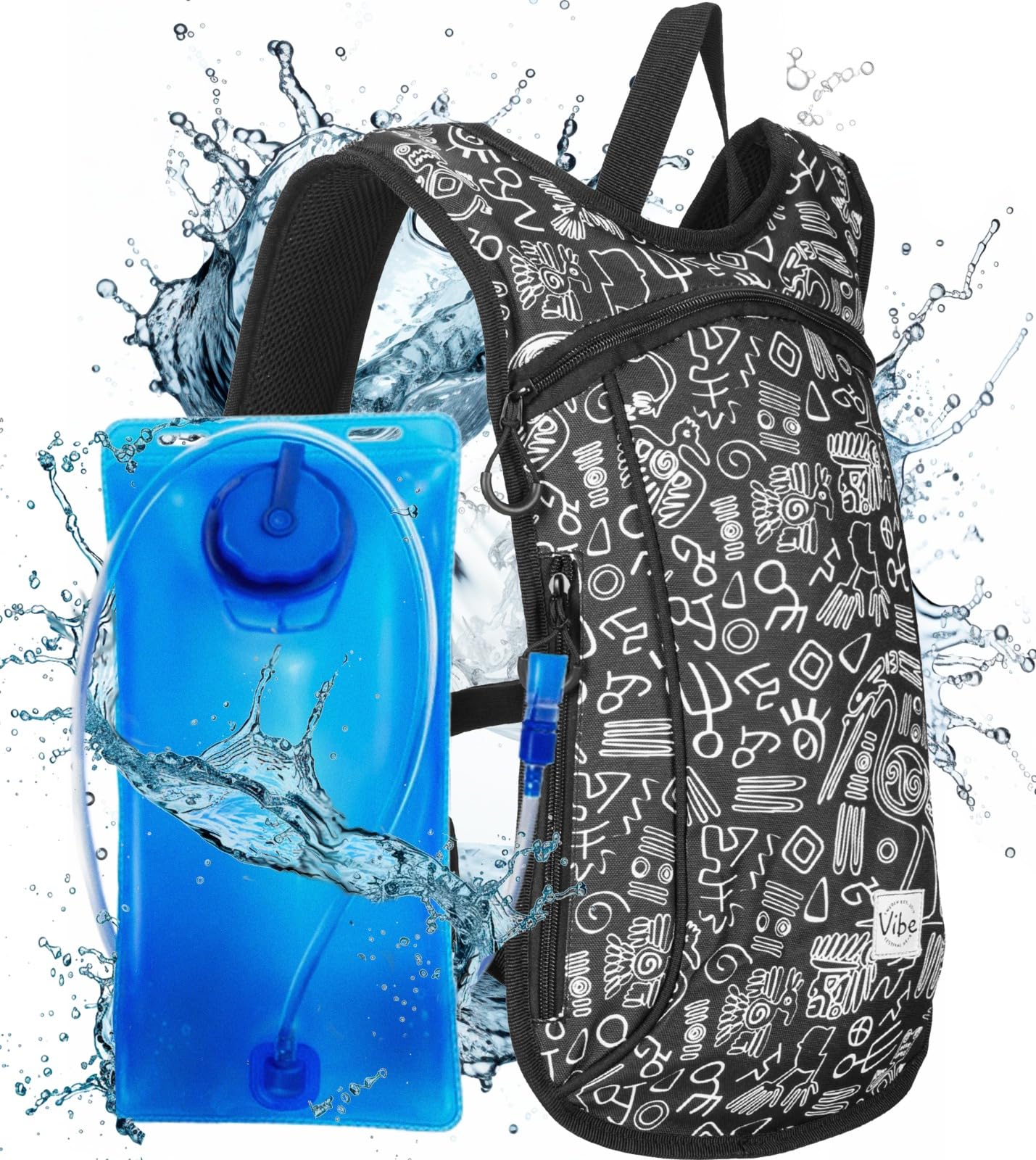 Vibe Festival Gear front view showing compact hydration pack and stylish black and white design, wearable comfort