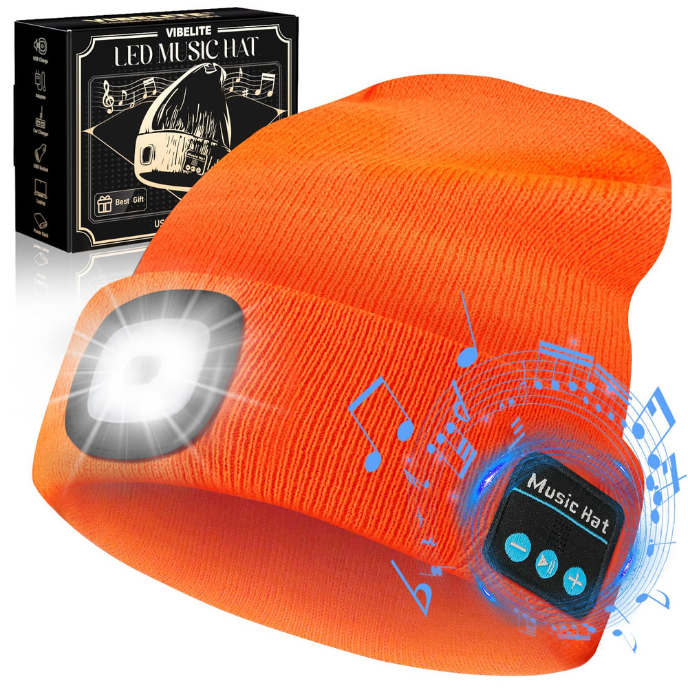 VIBELITE orange beanie front view showing LED lights and warm knit