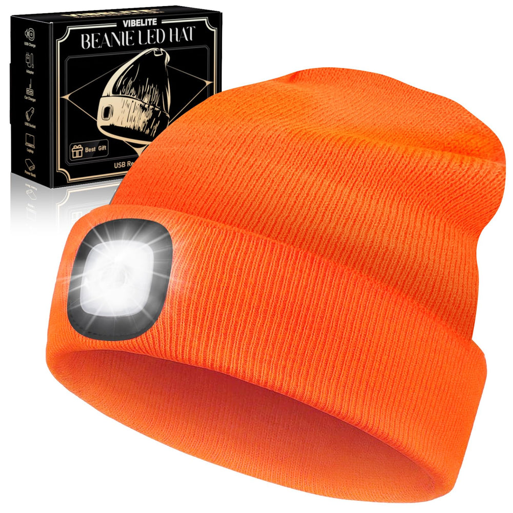 VIBELITE orange beanie front view showing integrated LED for hands-free light
