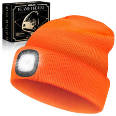 VIBELITE orange beanie front view showing integrated LED for hands-free light