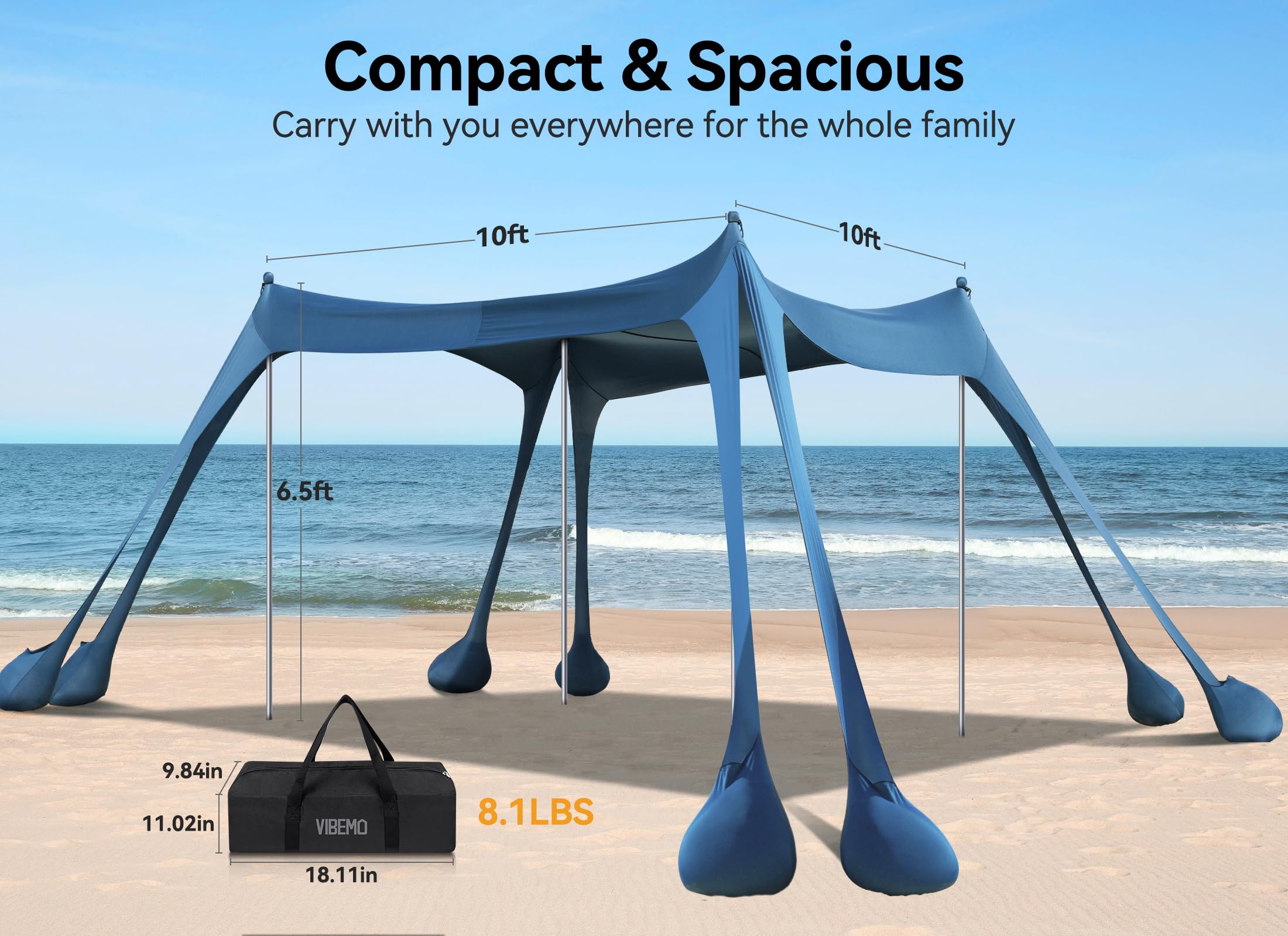 Vibemo in use with family at beach illustrating roomy covered space
