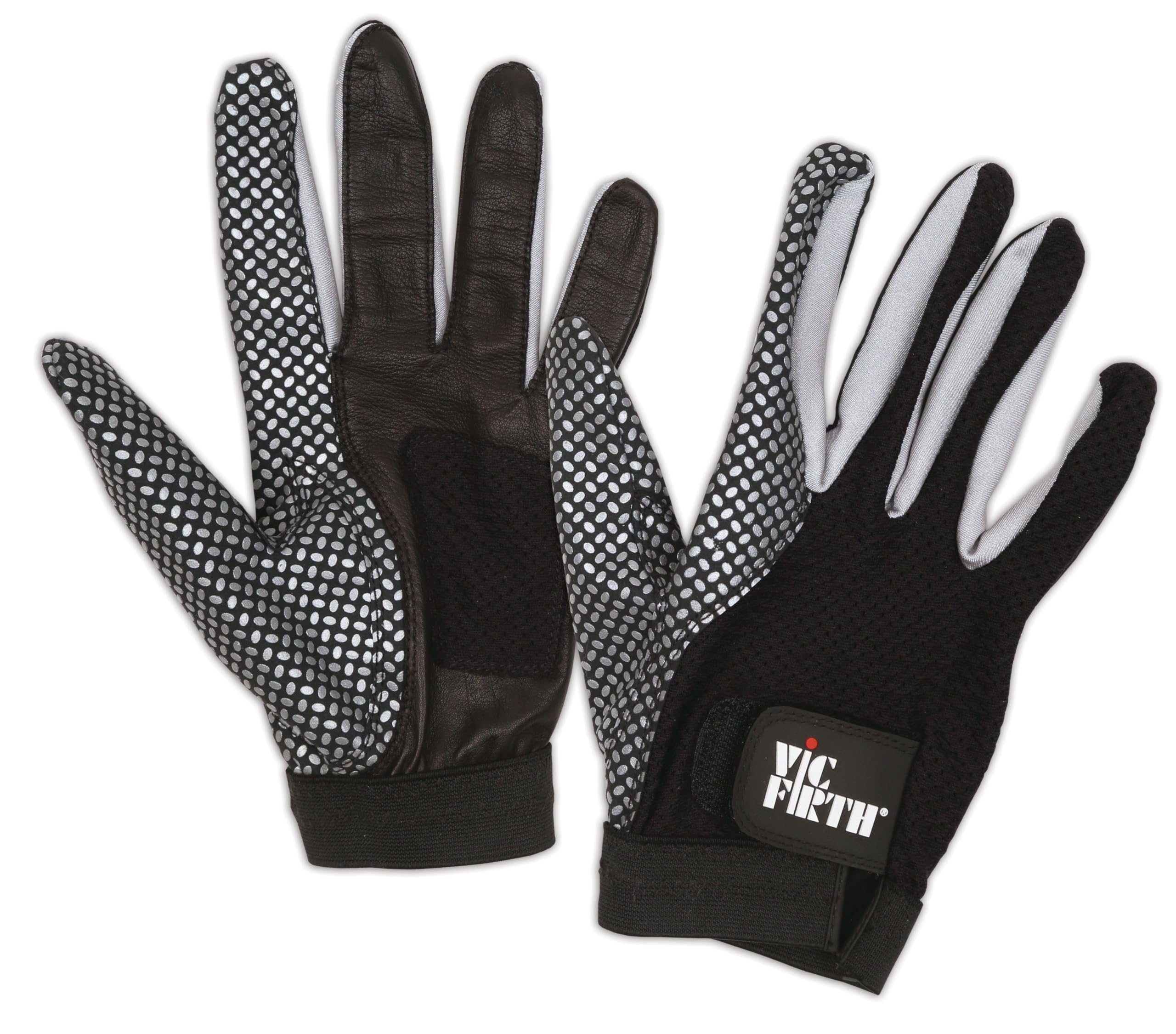 Vic Firth glove front view showing sleek cabretta leather and ventilated mesh for comfort