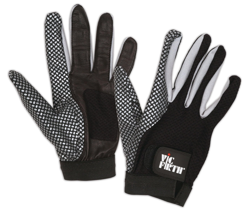 Vic Firth glove front view showing sleek cabretta leather and ventilated mesh for comfort