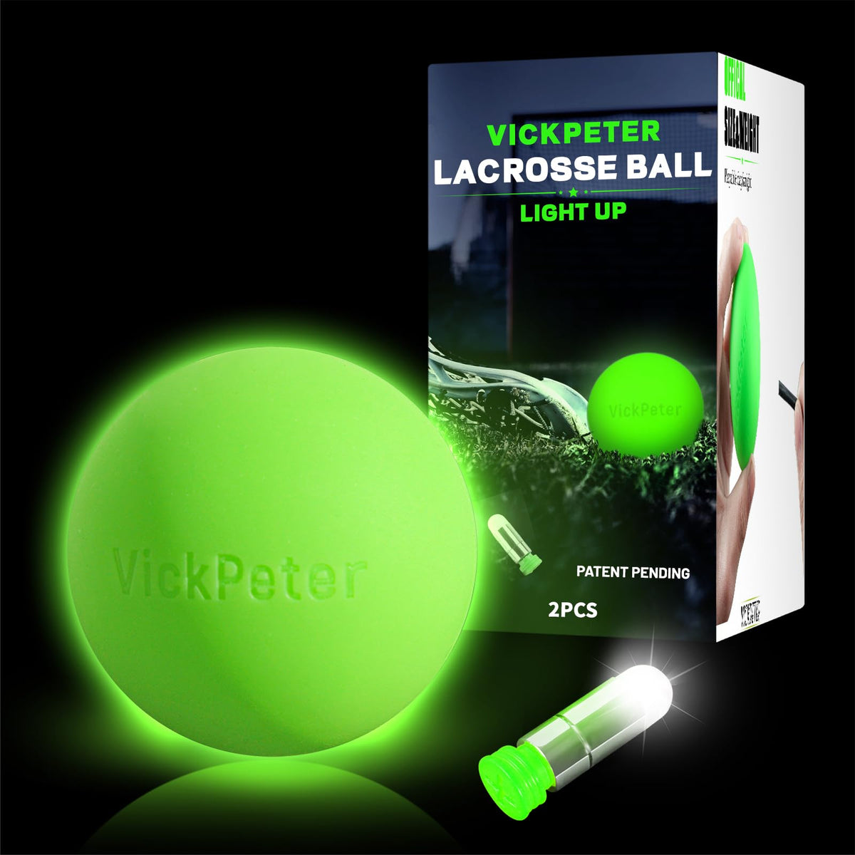 vickpeter front packaging showing two green LED lacrosse balls and benefits