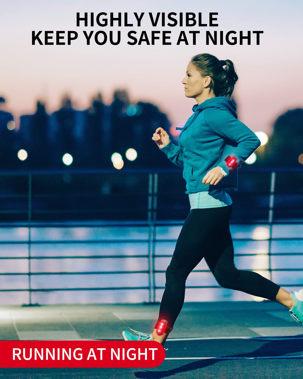 VICKSONGS lights worn by a nighttime runner showing improved visibility and safety