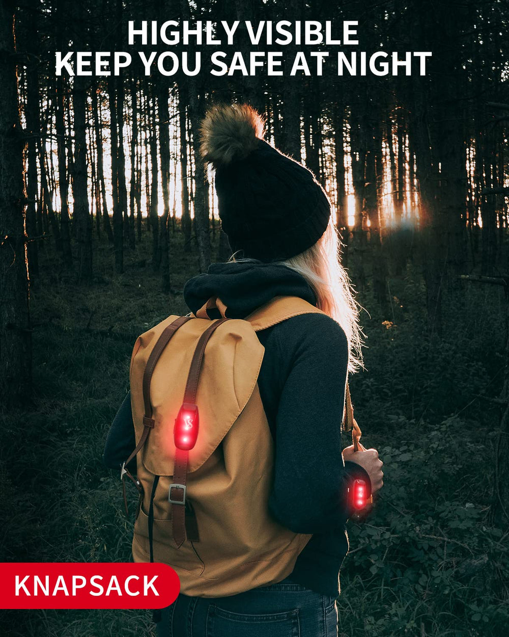VICKSONGS light fastened on a backpack strap showing hands-free visibility for commuters