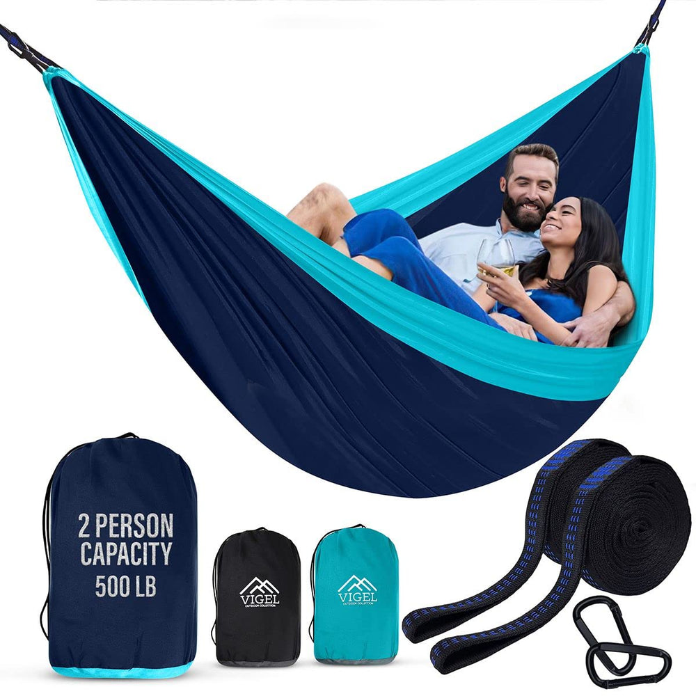 Vigel front view packed hammock showing compact carry bag and travel-ready benefit