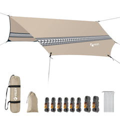 VILLEY tarp front view in khaki showing full octagonal coverage and quick setup benefit