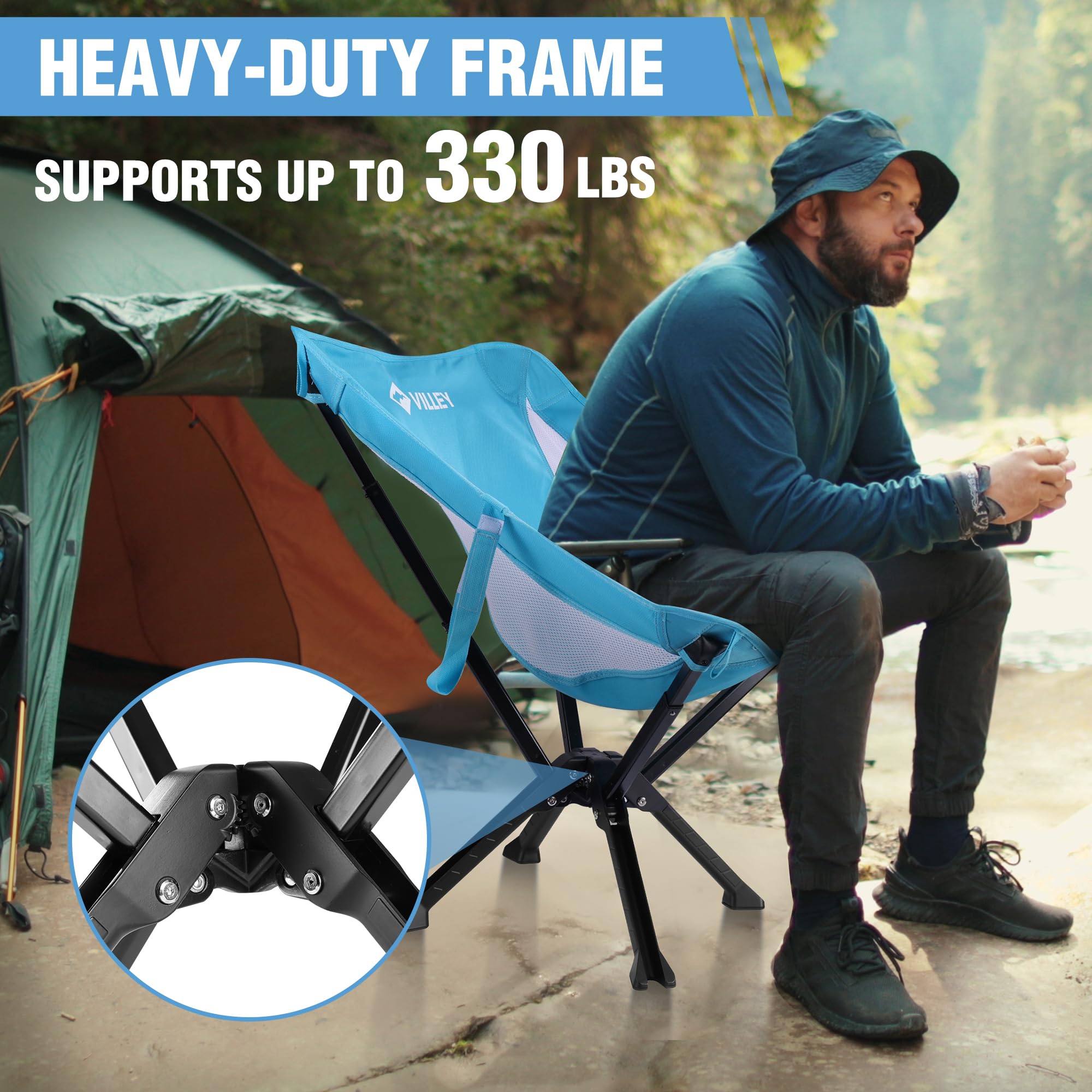 VILLEY folded chair beside water bottle to show compact size portability