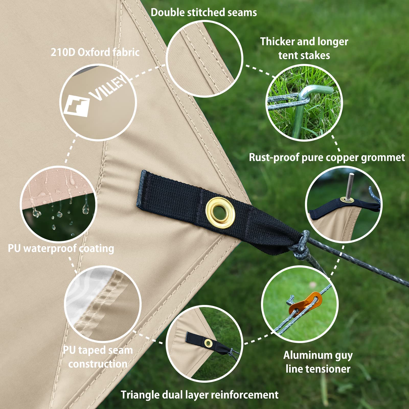 VILLEY close-up of PU-coated 210D polyester and taped seam demonstrating waterproof protection