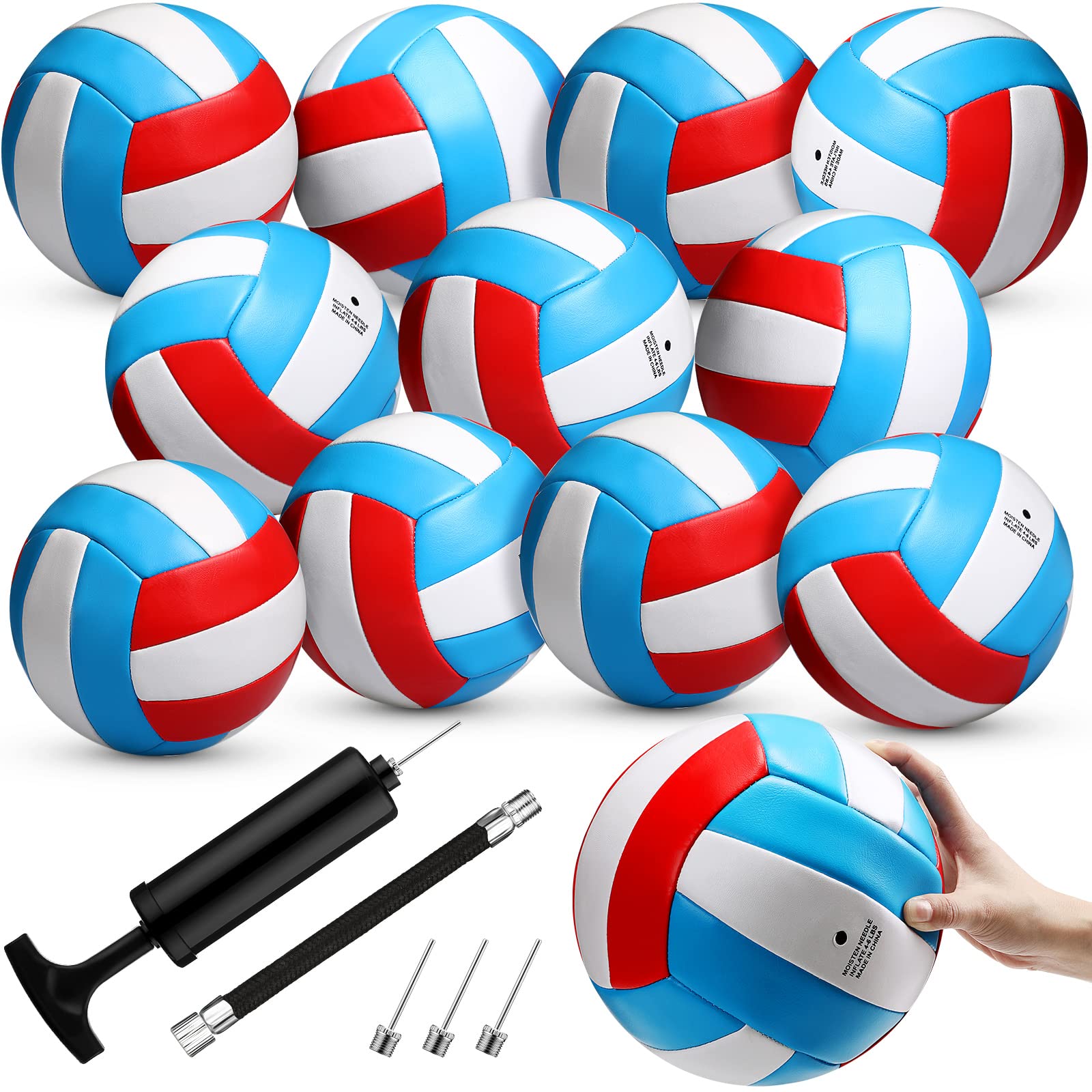 Vinsot front packaging showing 12 sky blue white red volleyballs and pump, ideal for teams