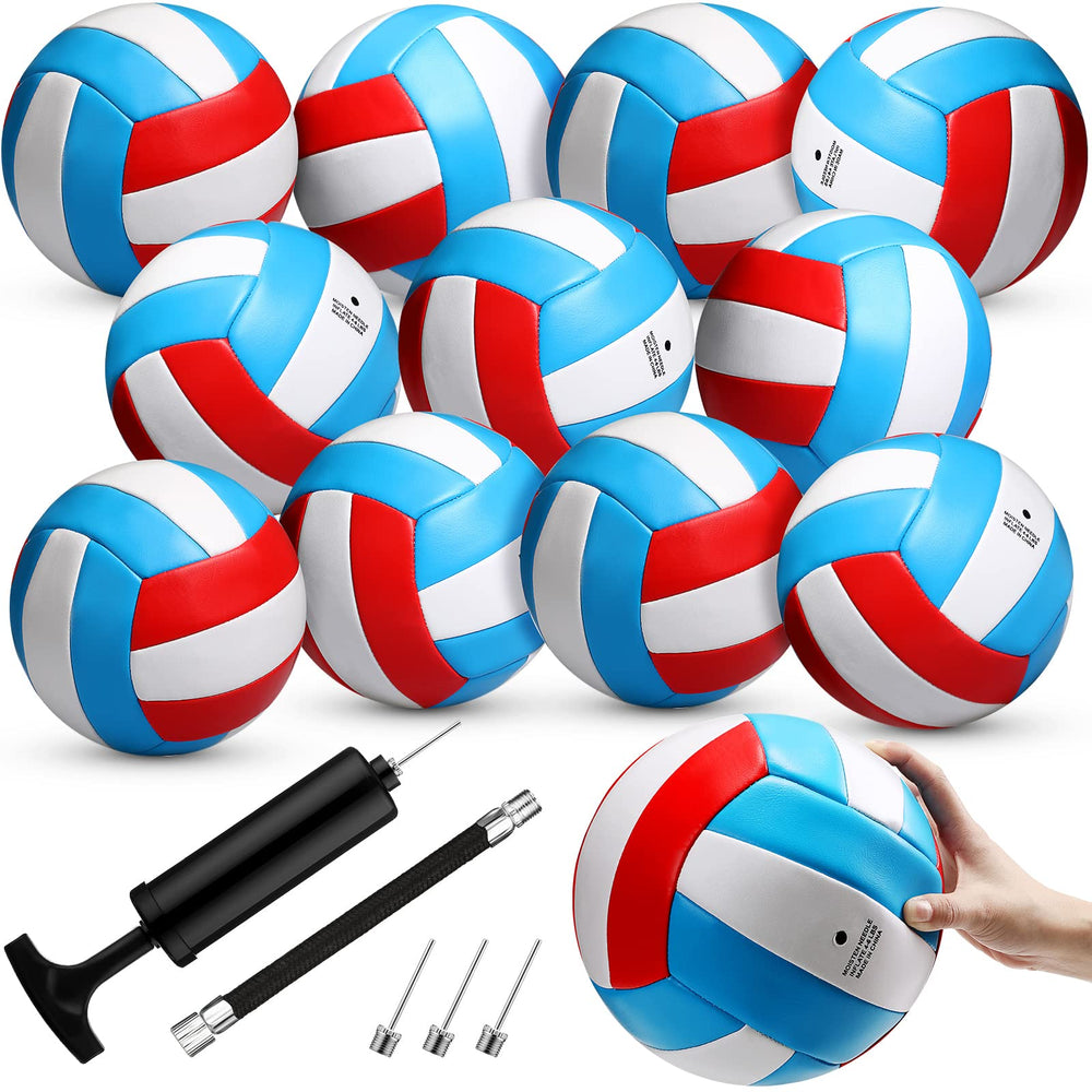 Vinsot front packaging showing 12 sky blue white red volleyballs and pump, ideal for teams