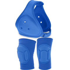 VioraWhite front view of blue headgear and knee pads showing full set protection