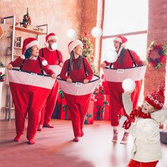 VioraWhite front view of red and white Santa pants showing festive design and easy wear benefit