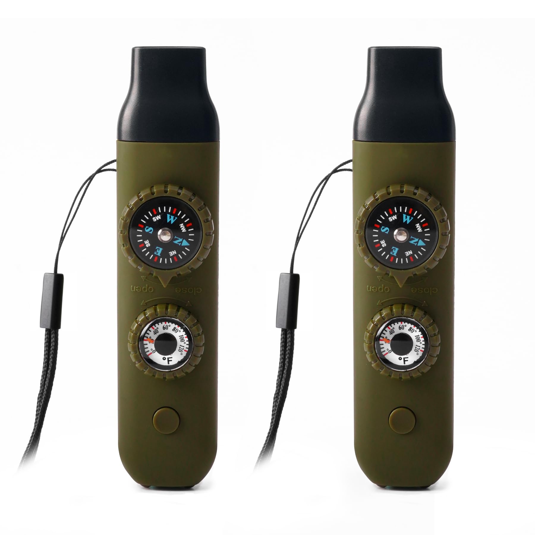 Viriber front view of green whistle pair showing compact safety gear benefit