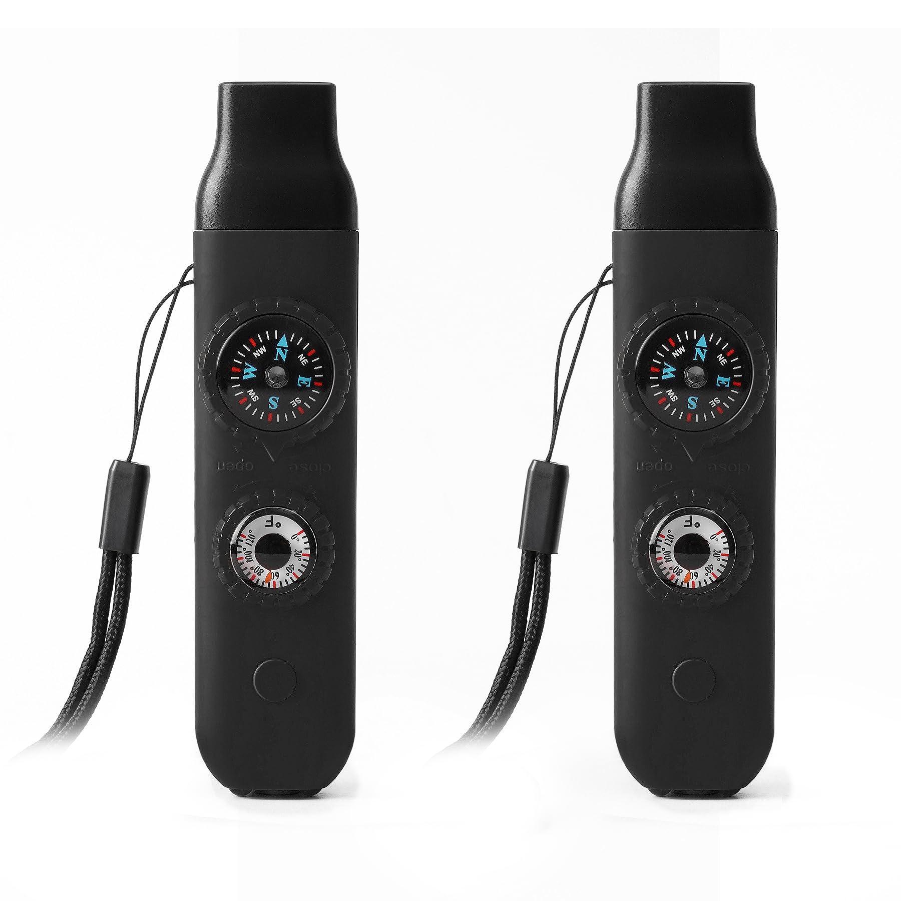 Viriber front view showing compact 7-in-1 whistle and lanyard for easy access