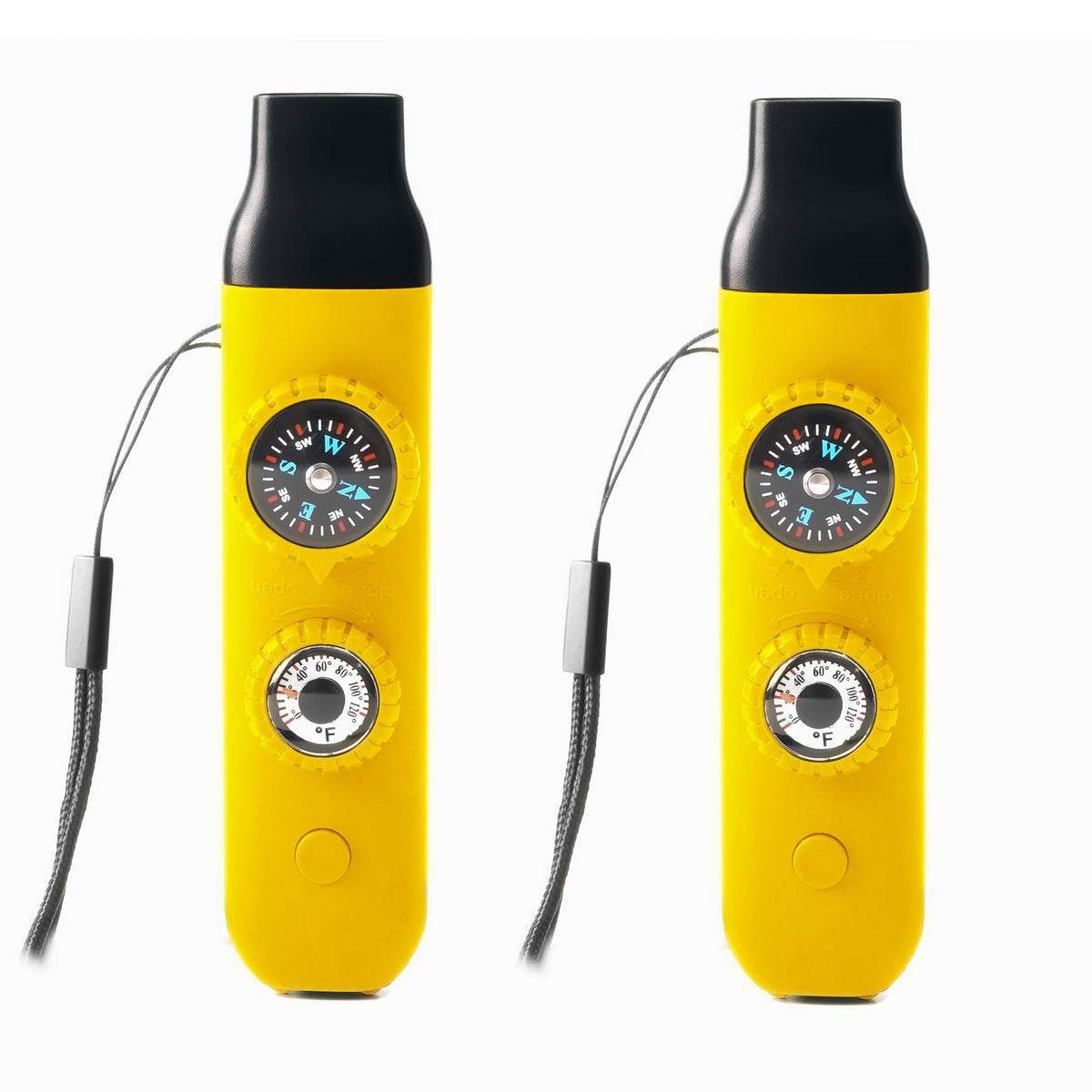 Viriber front view of two yellow whistles showing features and quick identification benefit