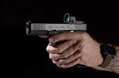 Viridian RFX35 green dot reticle visible through lens for fast target acquisition benefit