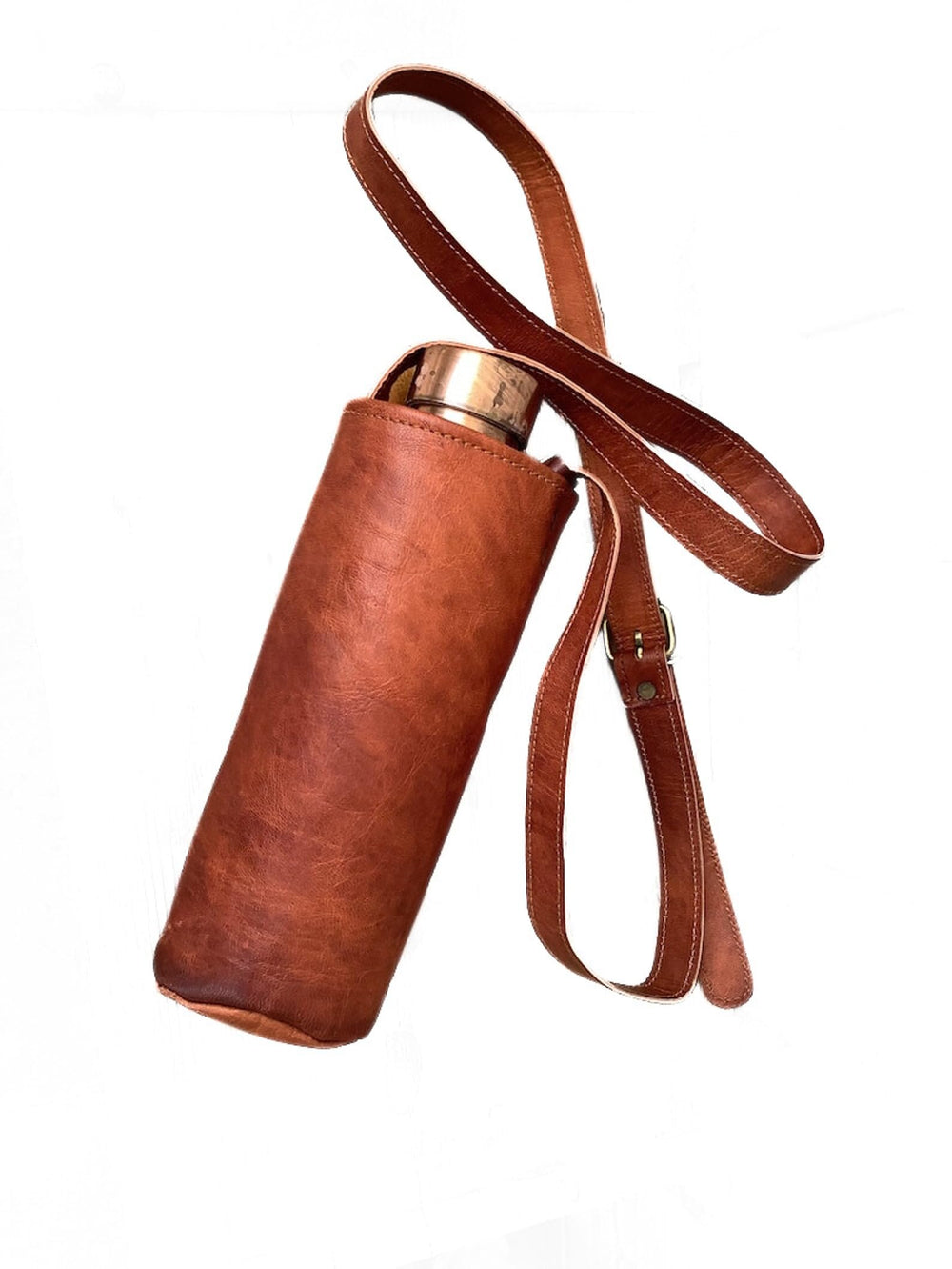 VISHWA CUERO ART front view of brown leather bottle carrier showing elegant design and protection