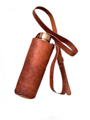 VISHWA CUERO ART front view of brown leather bottle carrier showing elegant design and protection