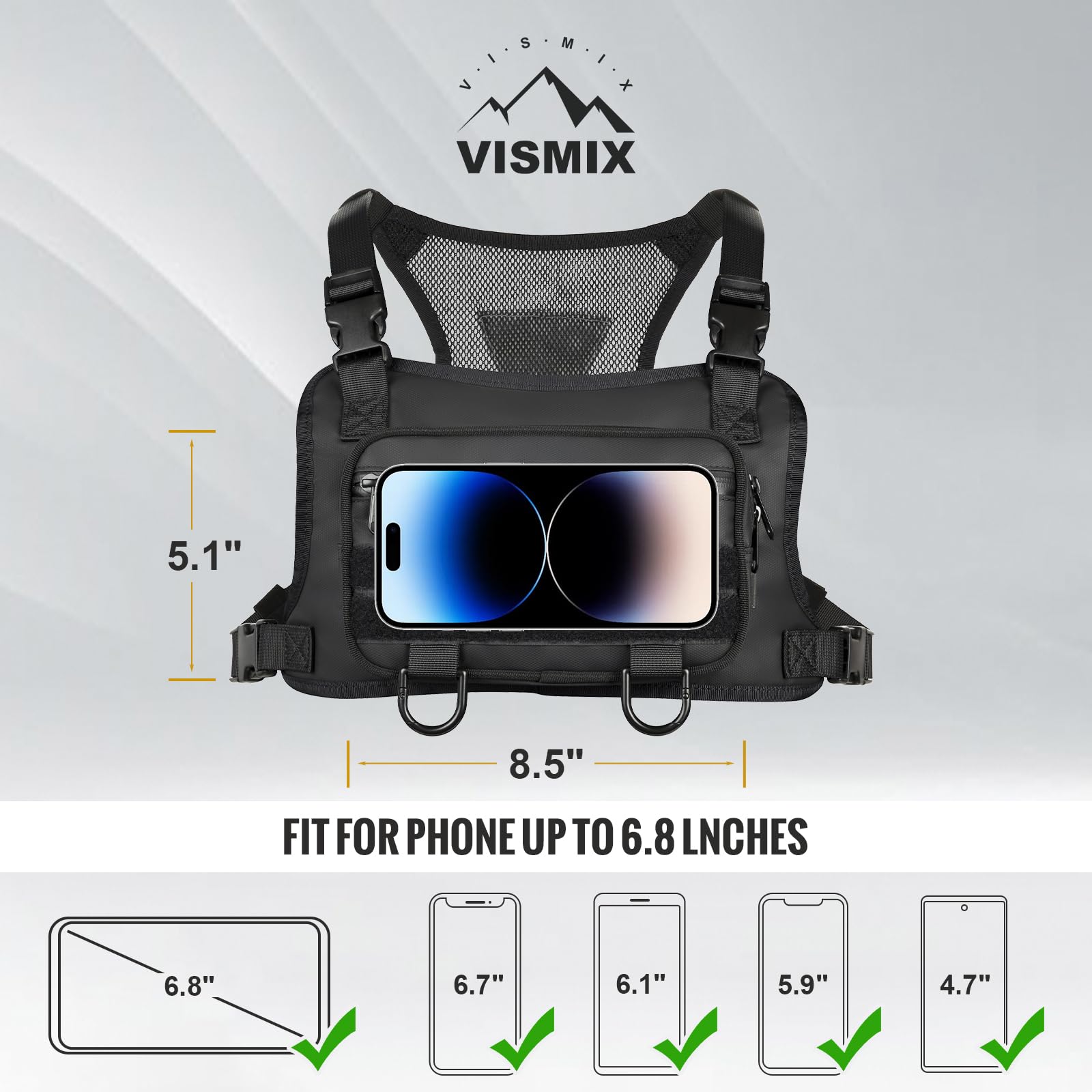 VISMIX beside smartphone showing chest pack size and compact capacity