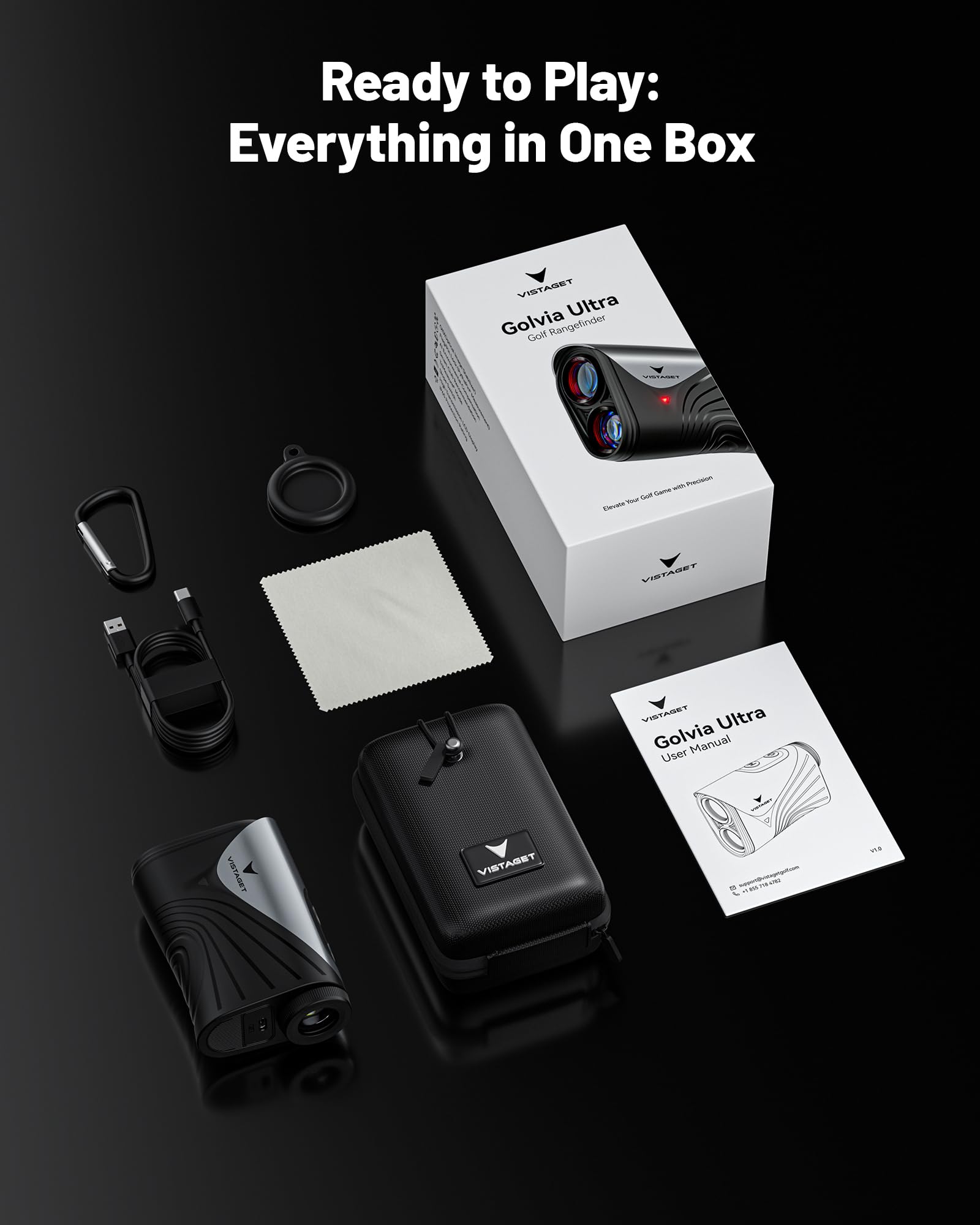 VISTAGET GOLVIA with USB-C cable and pouch to show included accessories and scale