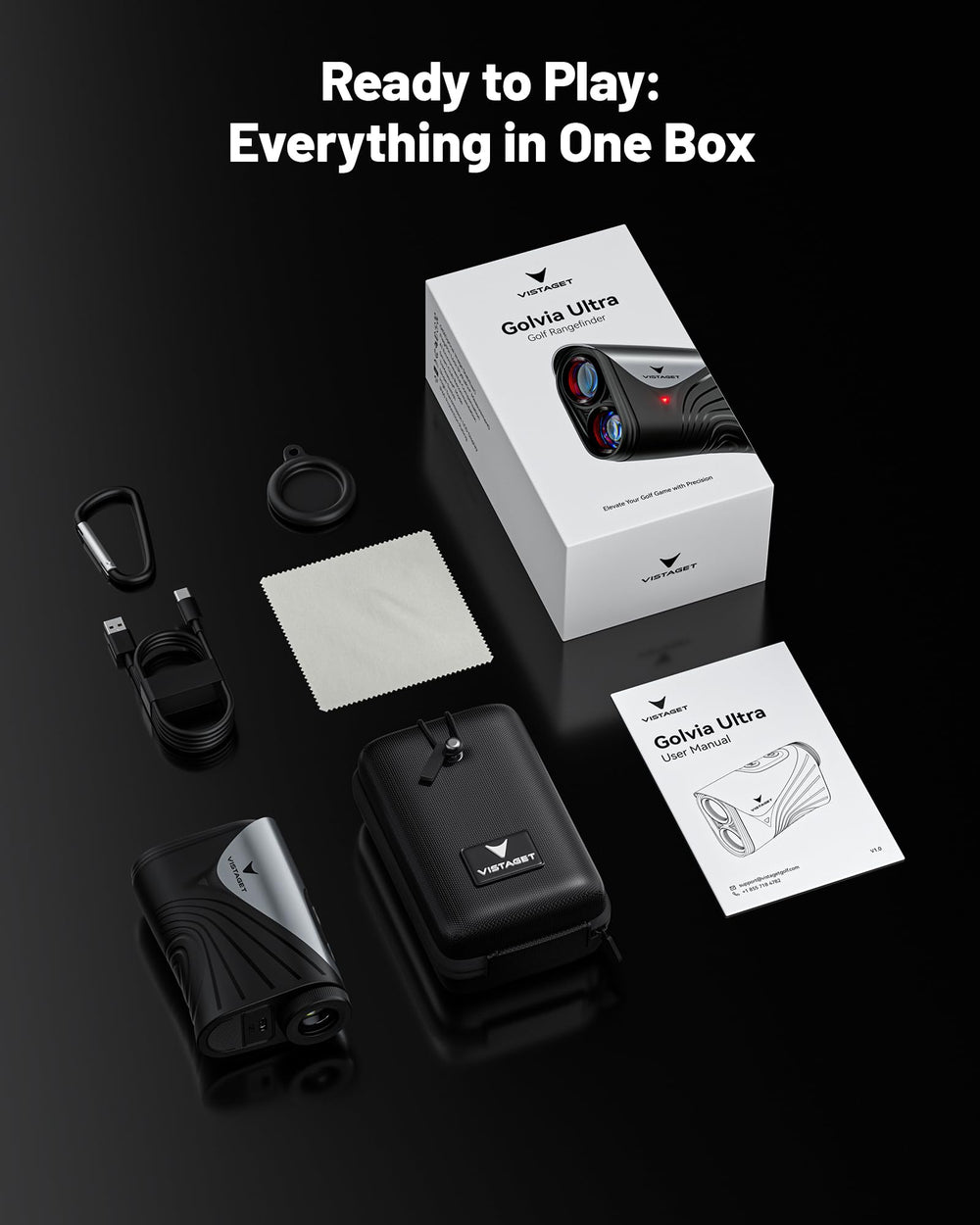 VISTAGET GOLVIA with USB-C cable and pouch to show included accessories and scale