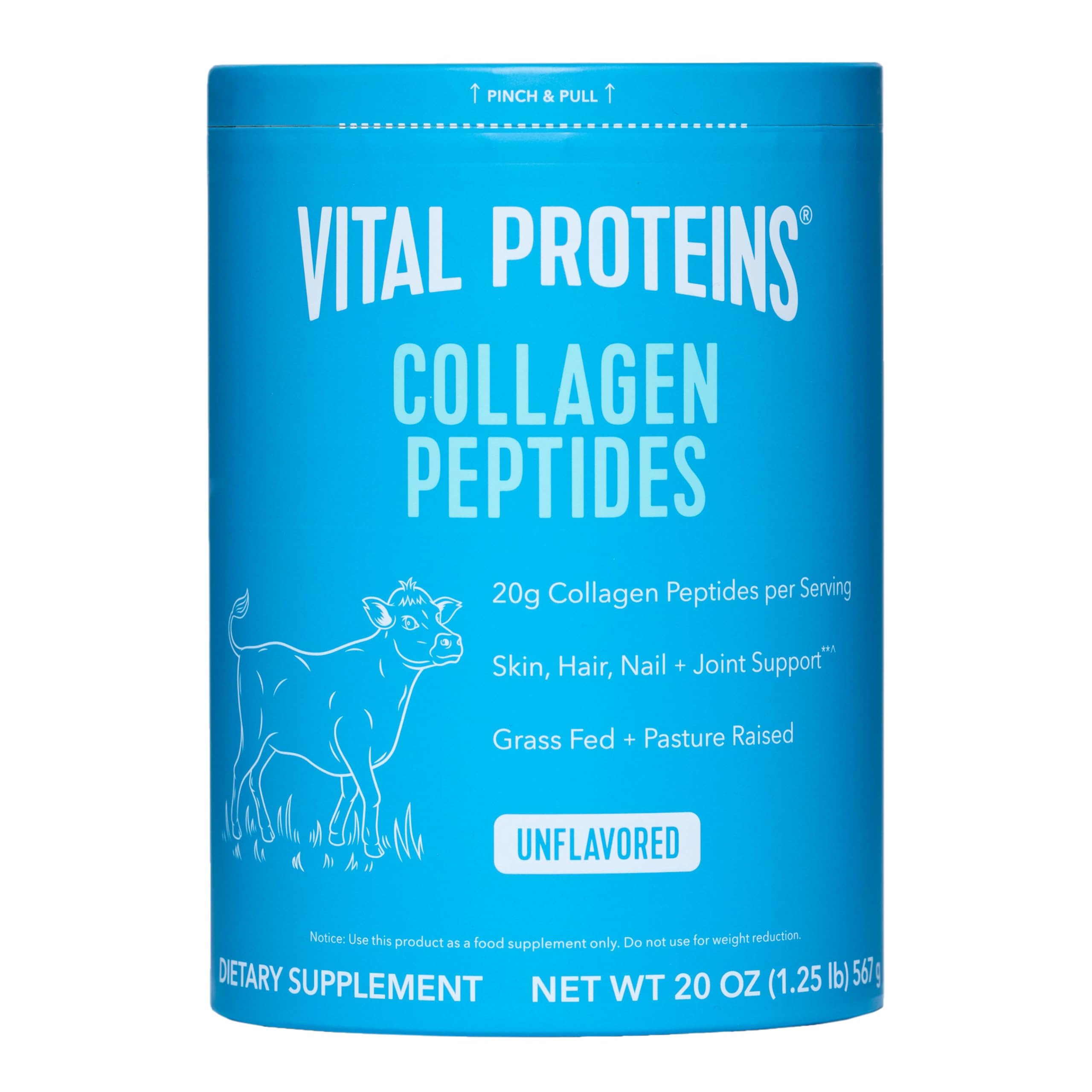Vital Proteins front tub showing label and size, clear product identity and benefit