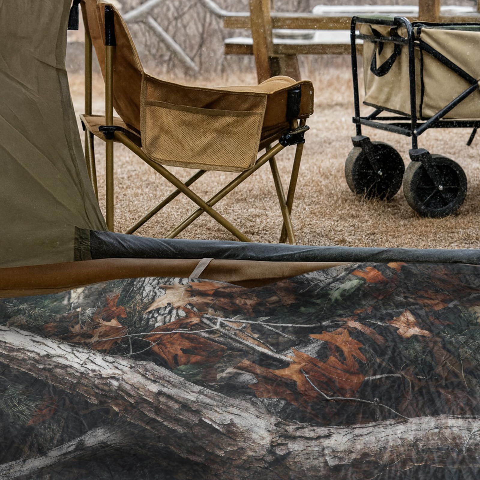 VitalCozy blanket in a hunting blind showing camouflage advantage
