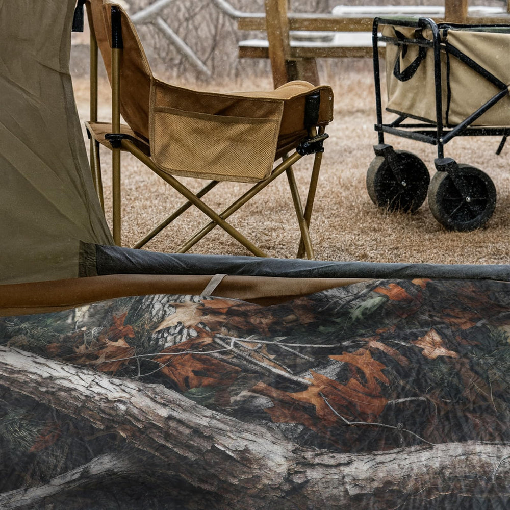 VitalCozy blanket in a hunting blind showing camouflage advantage