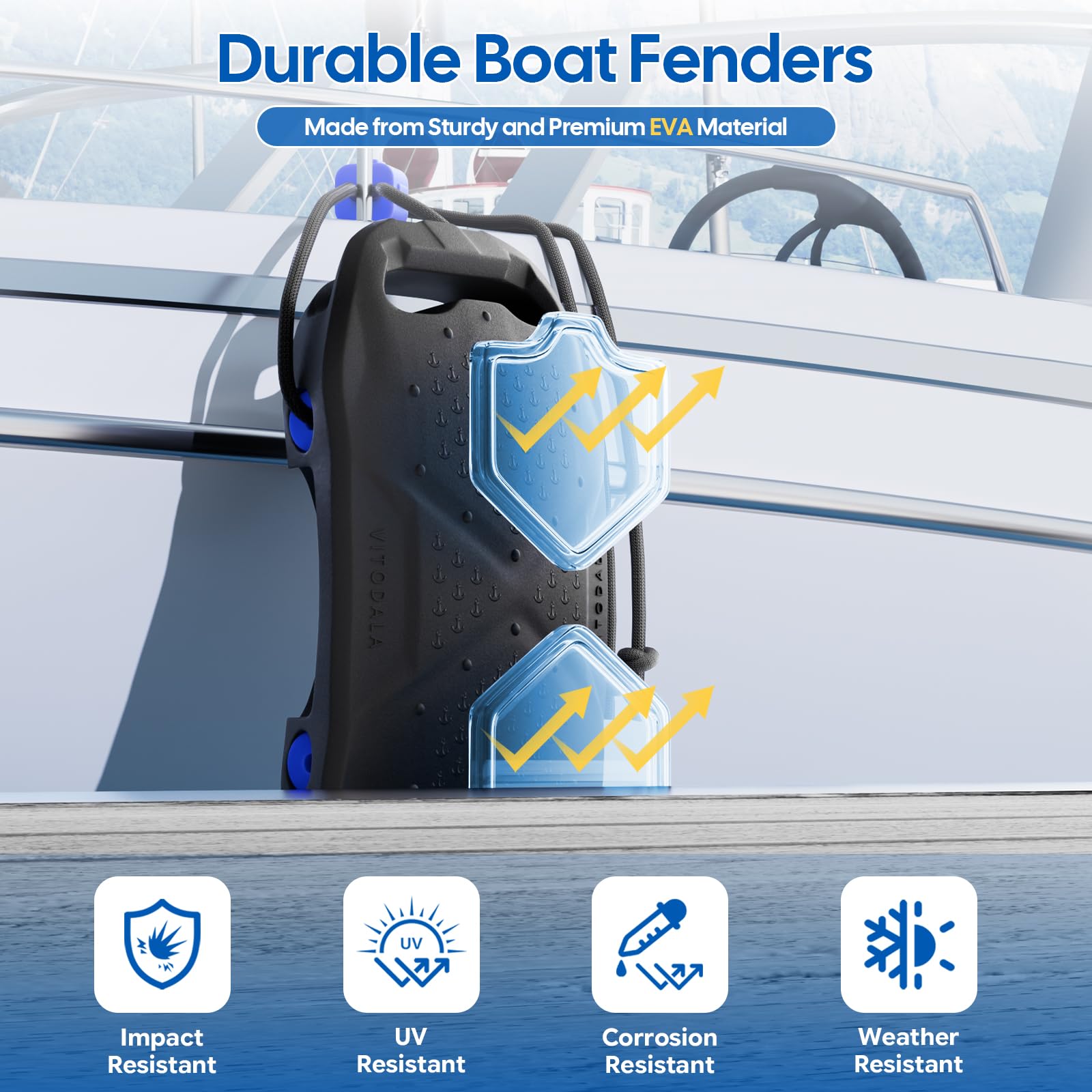 VITODALA side-mounted fender on boat hull providing impact protection
