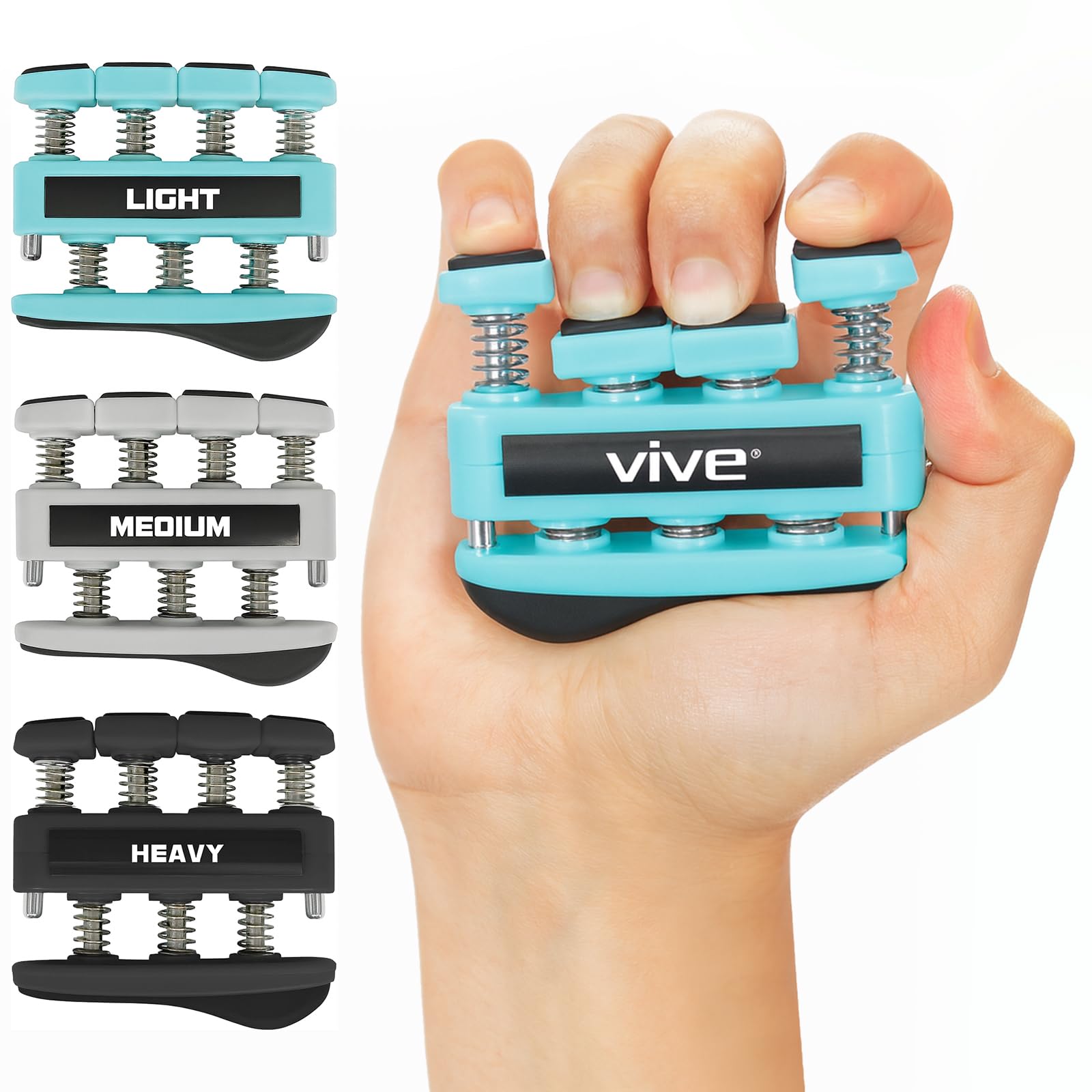 Vive finger strengthener front packaging showing three grips and benefits