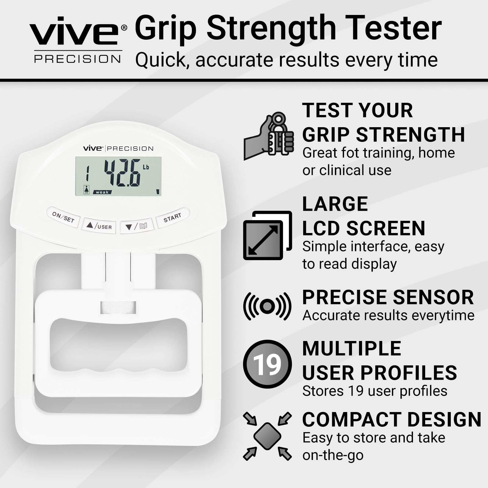 Vive Precision close-up of LCD display with numeric result and trend indicator, improving result readability