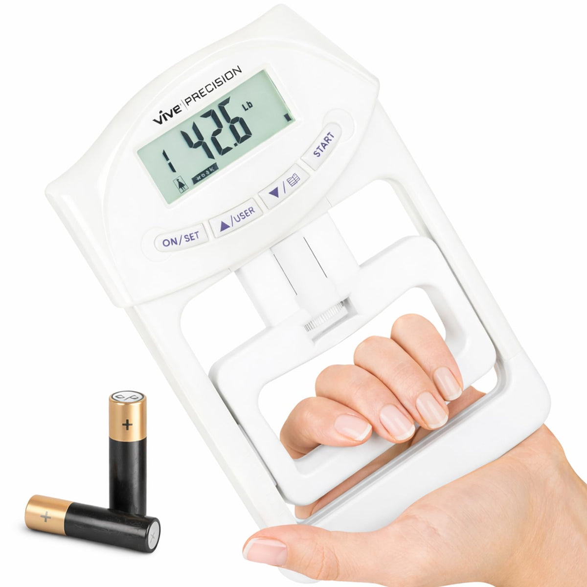 Vive Precision front view of handheld dynamometer showing ergonomic shape and branding, aiding easy transport