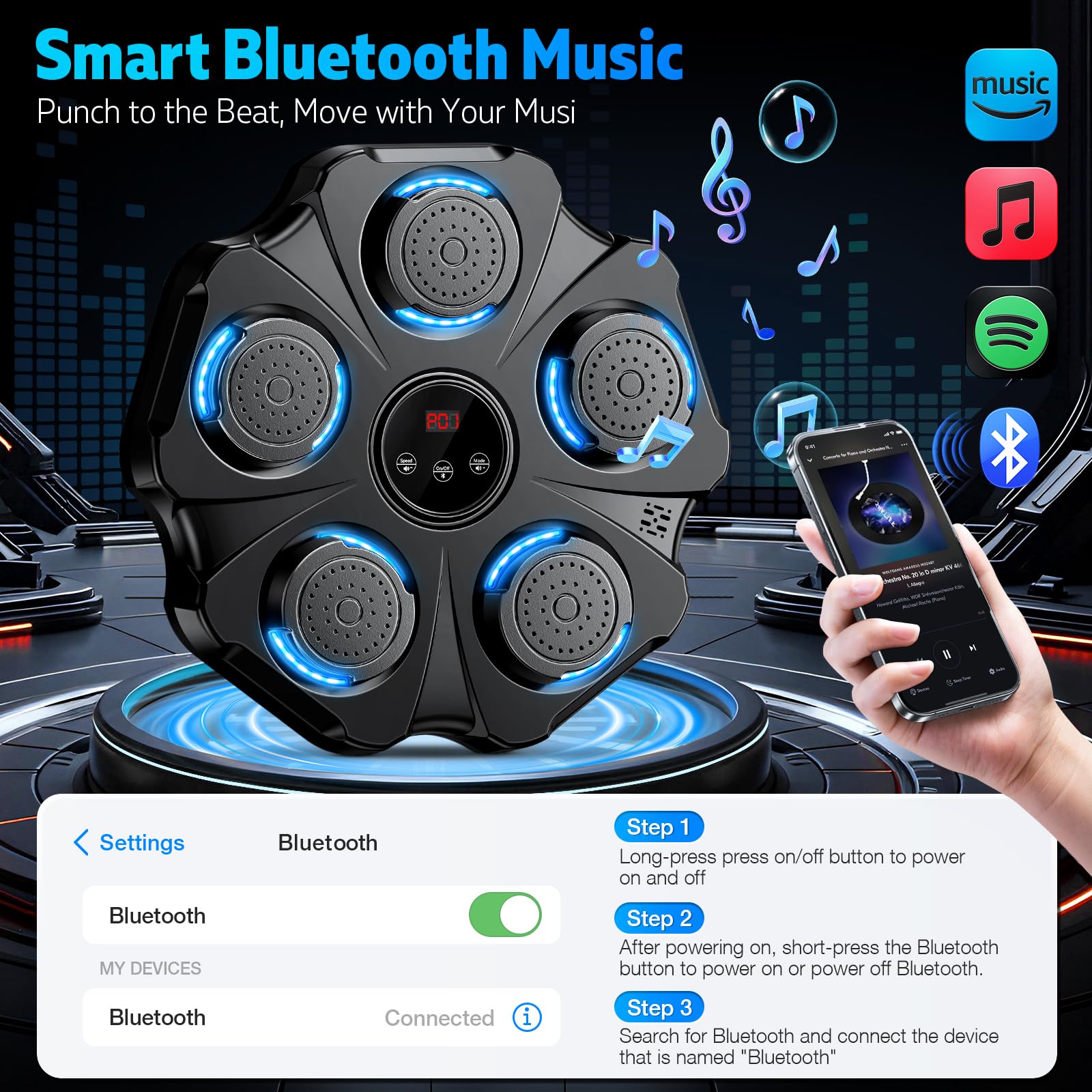 Vivedrre LED display and speaker showing rhythm feedback and music playback