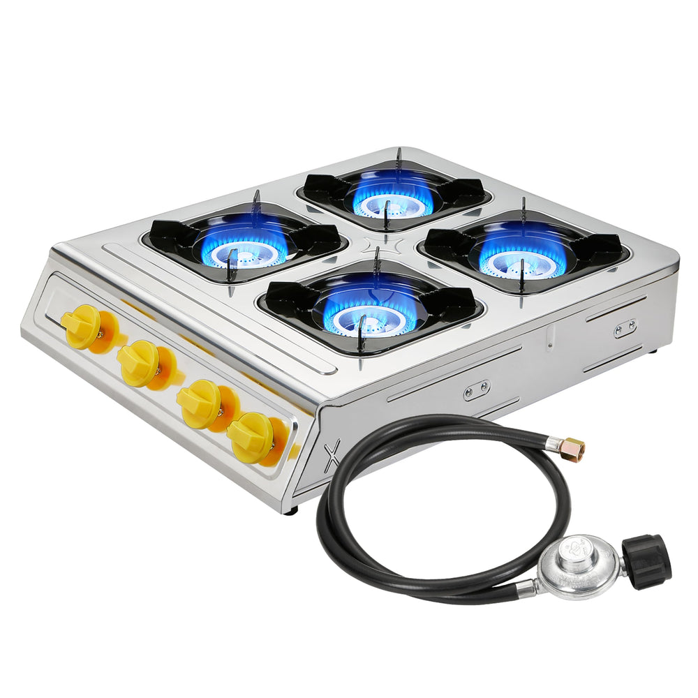 vivicreate front stainless steel cooktop showing four burners and controls, durable and portable