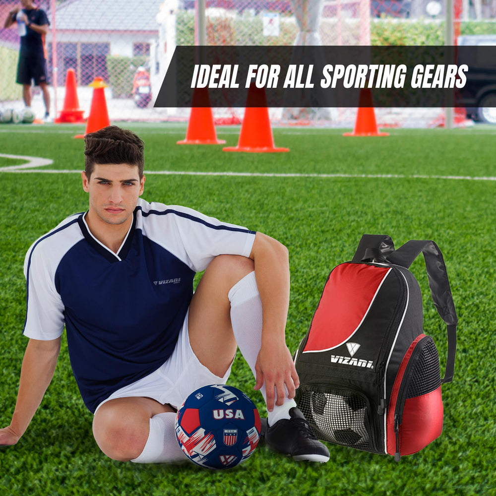 Vizari backpack on a soccer field demonstrating ready-to-go convenience