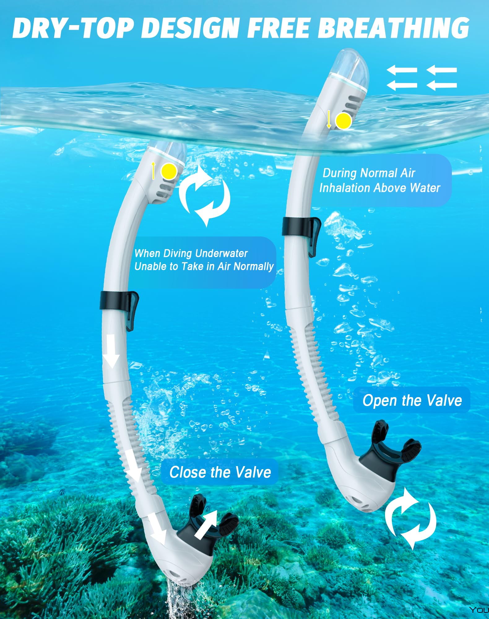 Vmkfuler in-use snorkeling lifestyle shot showing confident, easy breathing