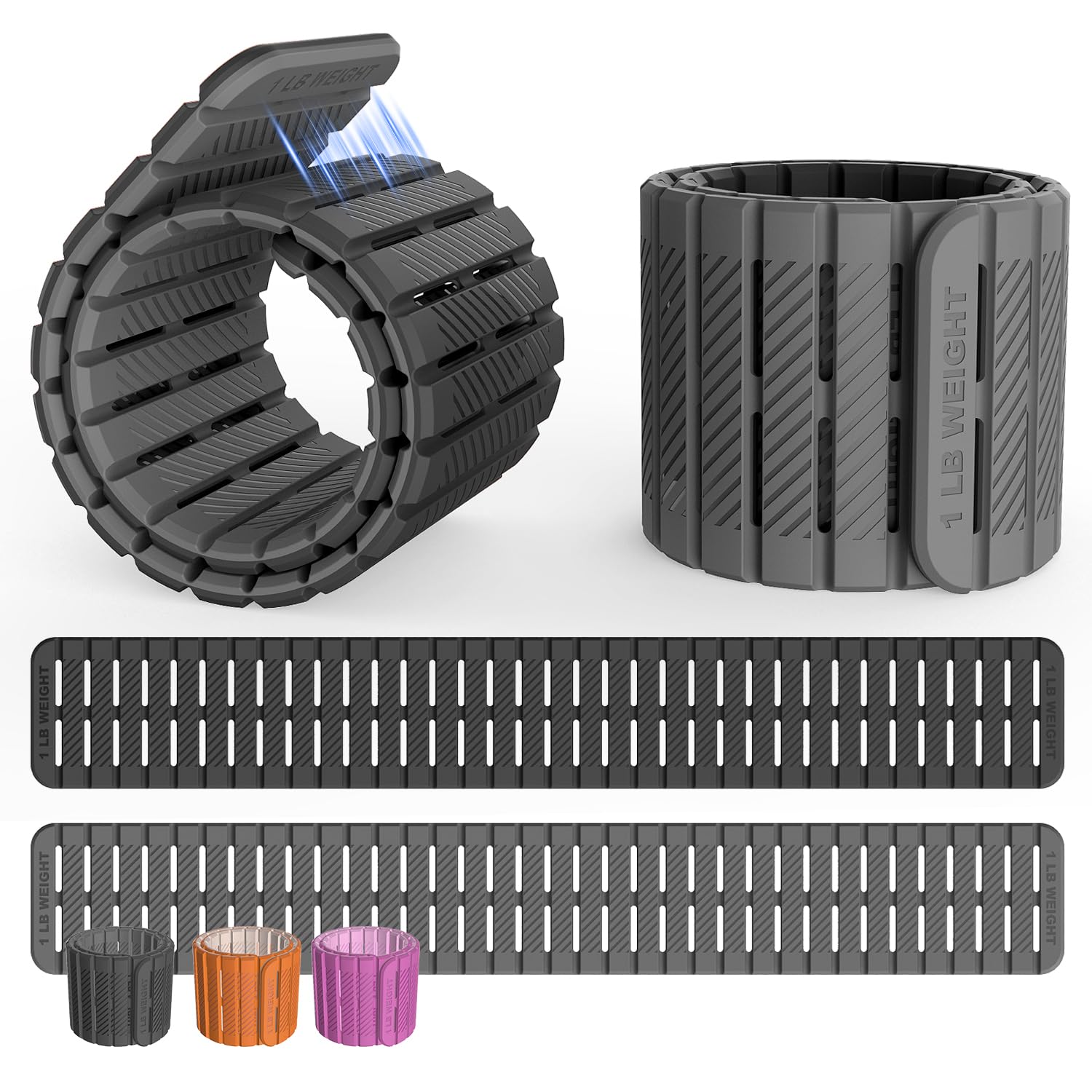 VOGOGE front view showing graphite gray and silver weights, compact and portable benefit
