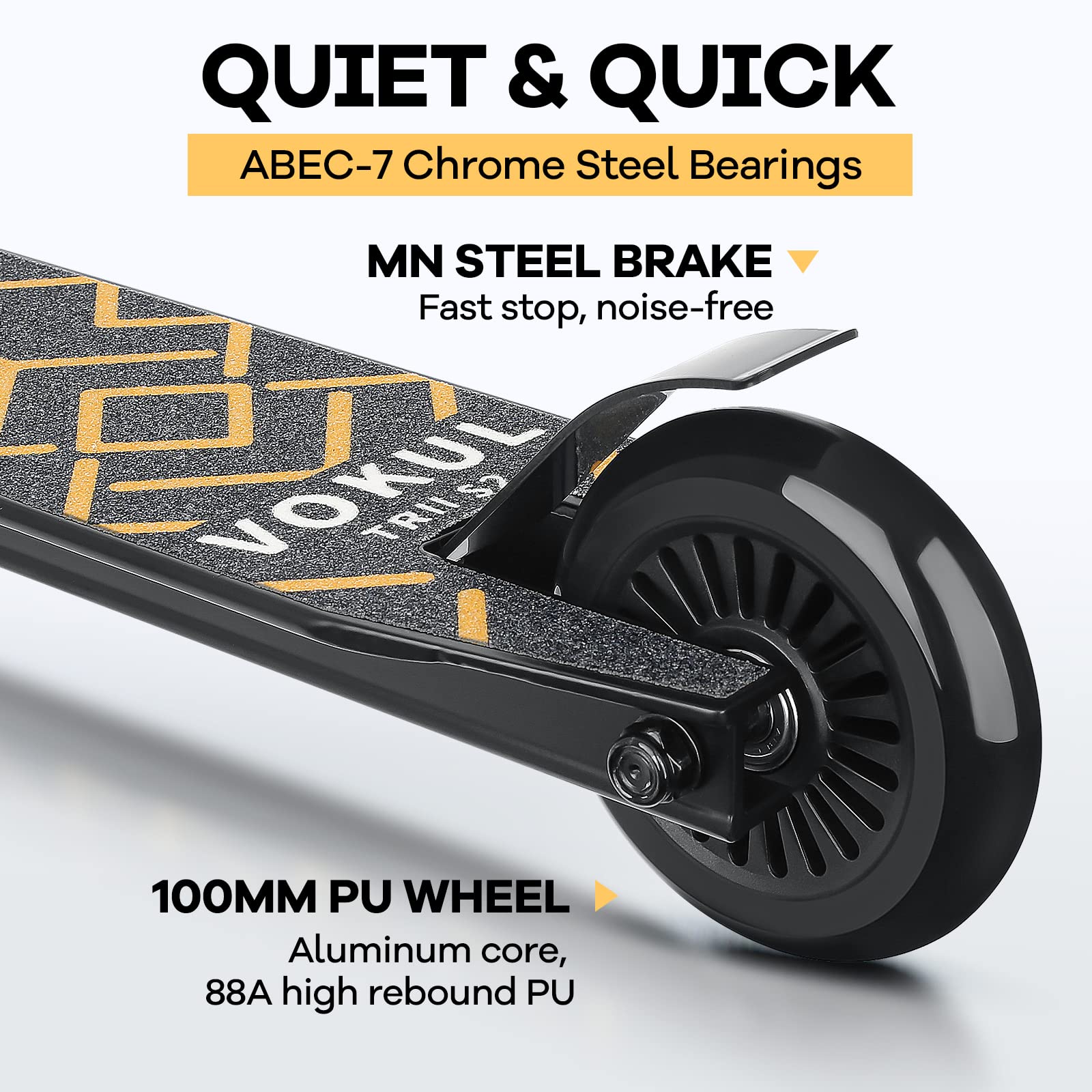 VOKUL S2 Pro 100mm wheel close-up that cushions landings and rolls smoothly