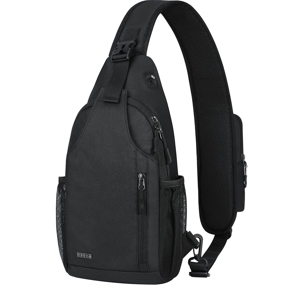 Voova front view of black sling bag showing organized storage and style