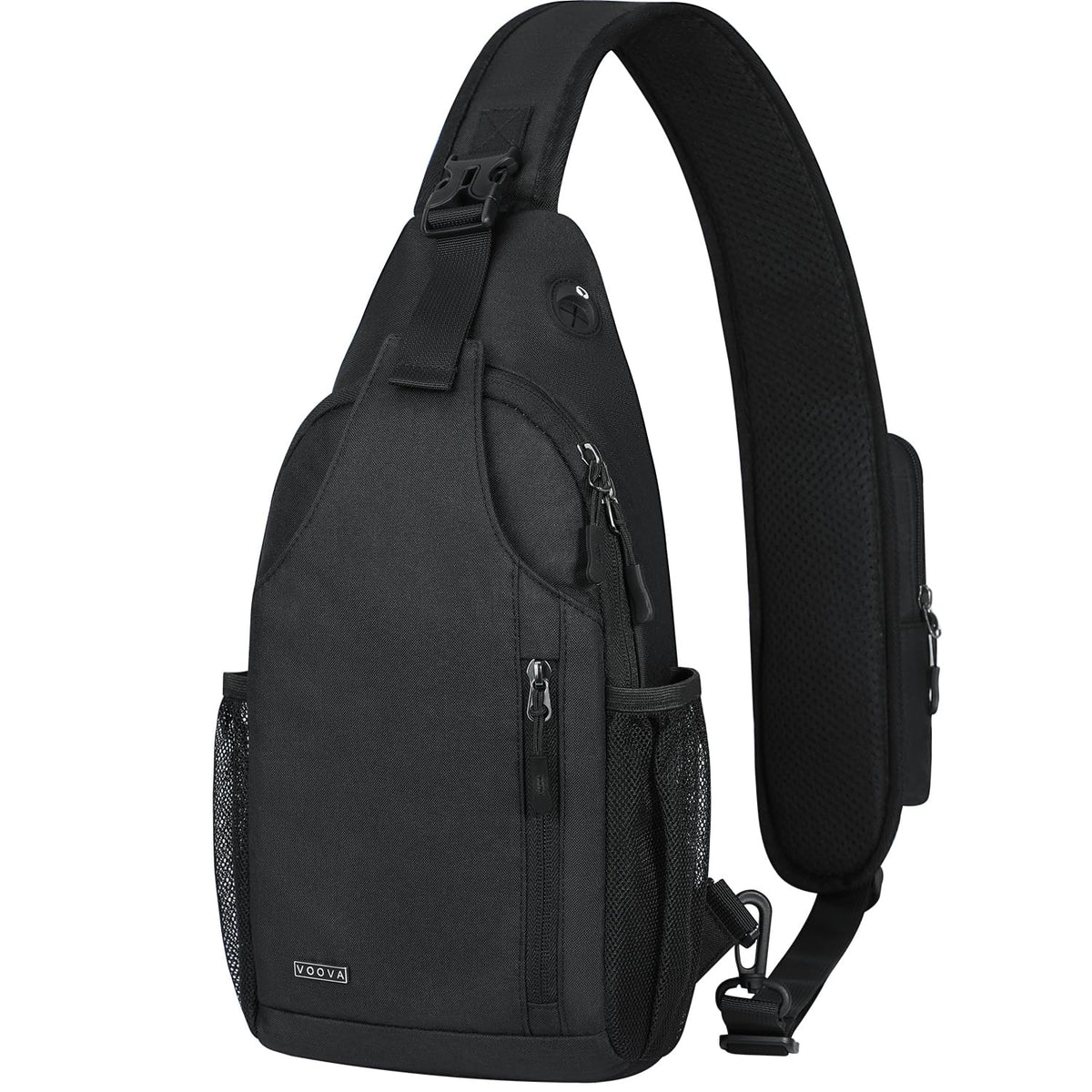Voova front view of black sling bag showing organized storage and style