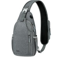 Voova front view of grey sling backpack showing organized pockets and quick access