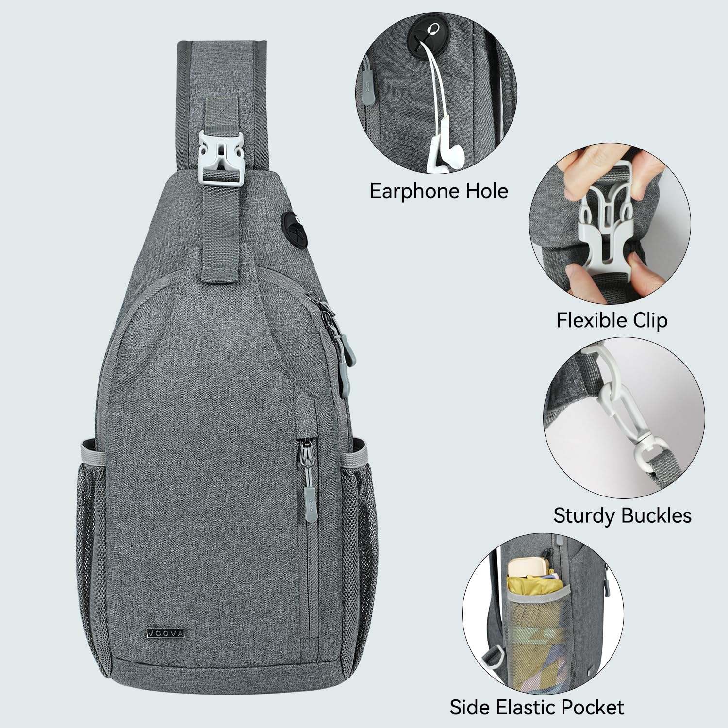 Voova side view displaying water bottle pocket and umbrella slot for convenience