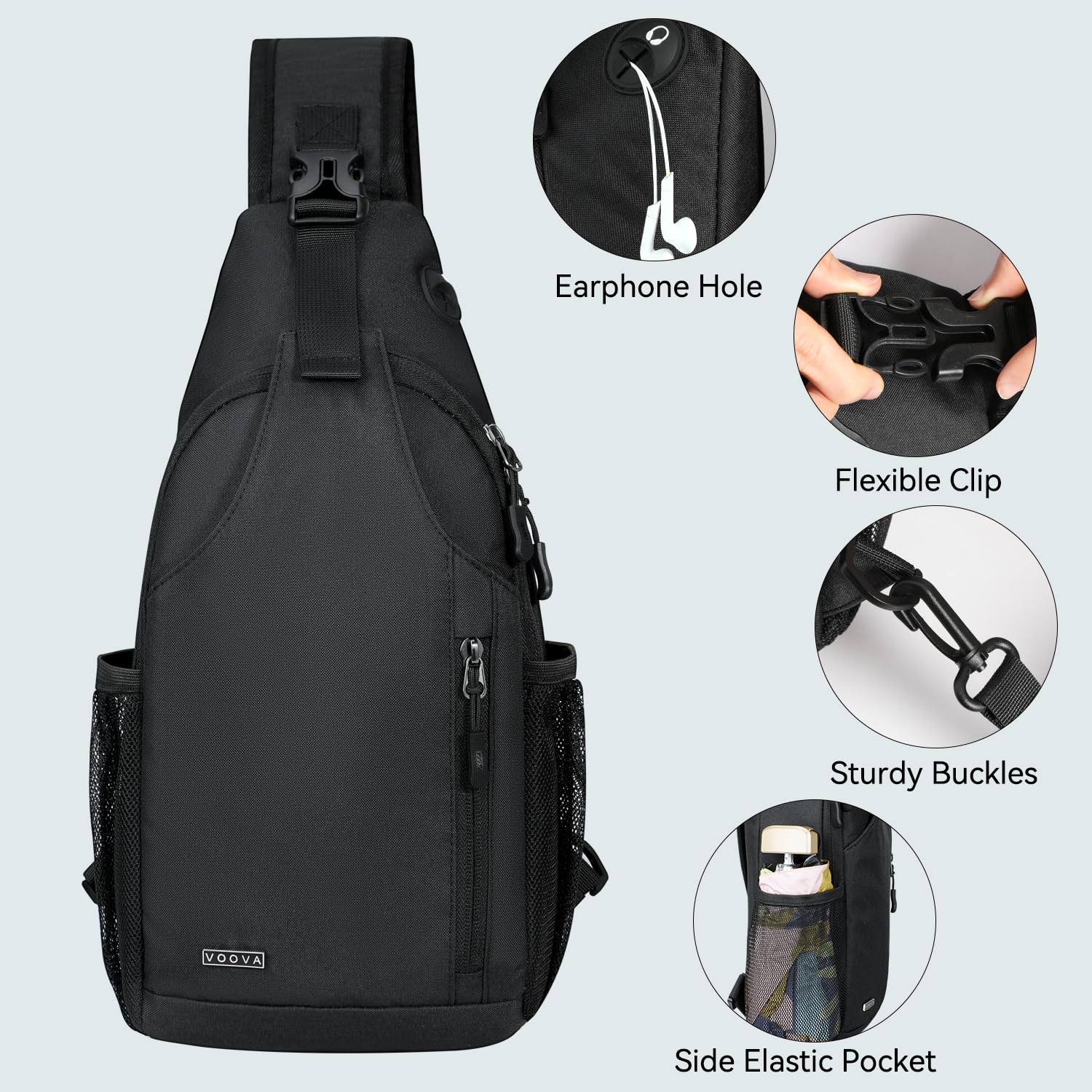 Voova side water bottle pocket visible for hands-free hydration