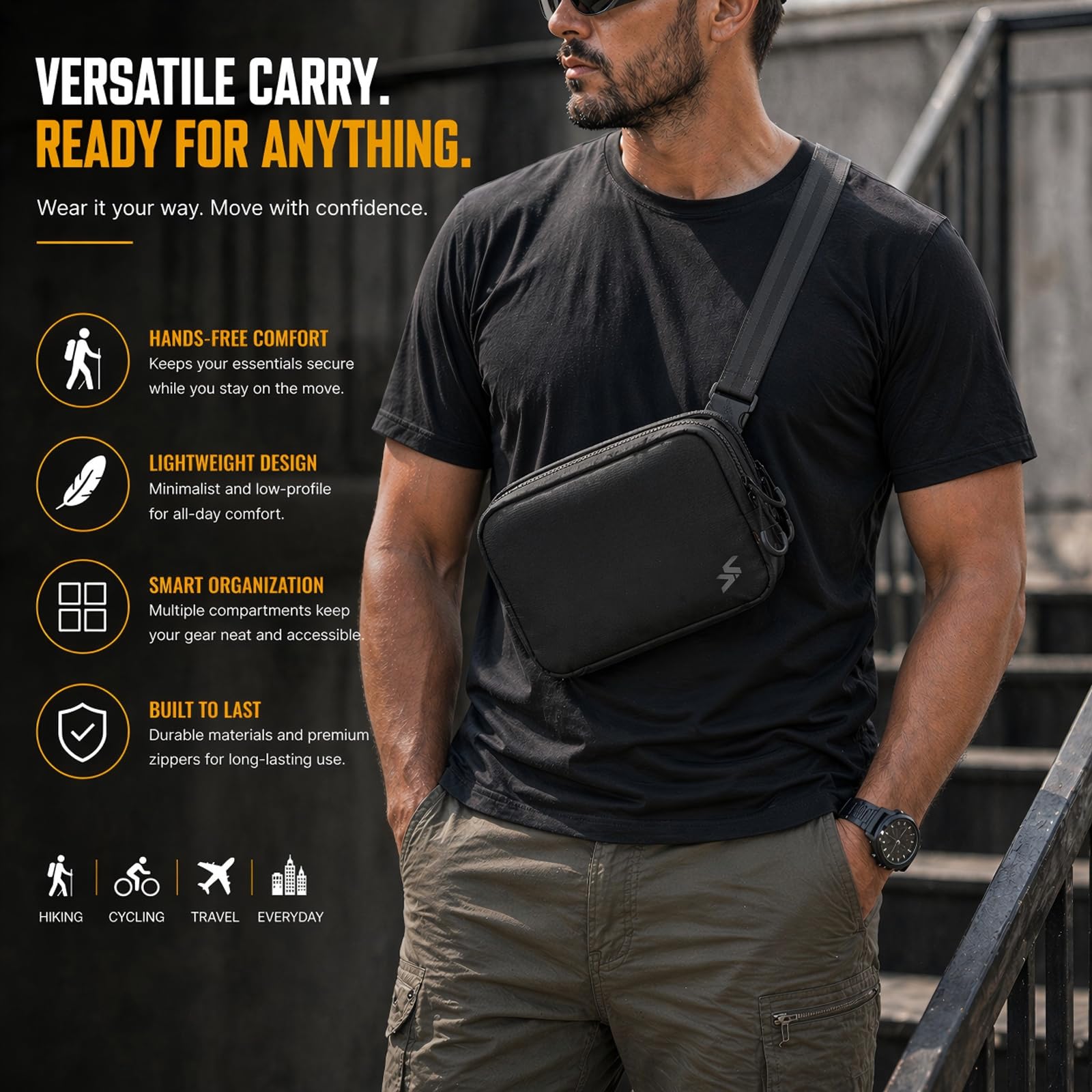 VOTAGOO worn crossbody on model illustrating comfortable hands-free carry