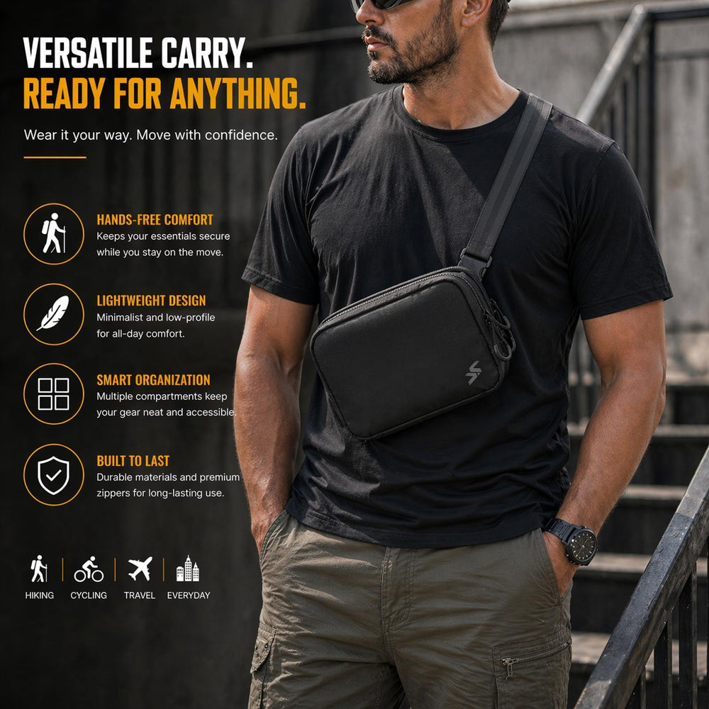 VOTAGOO worn crossbody on model illustrating comfortable hands-free carry